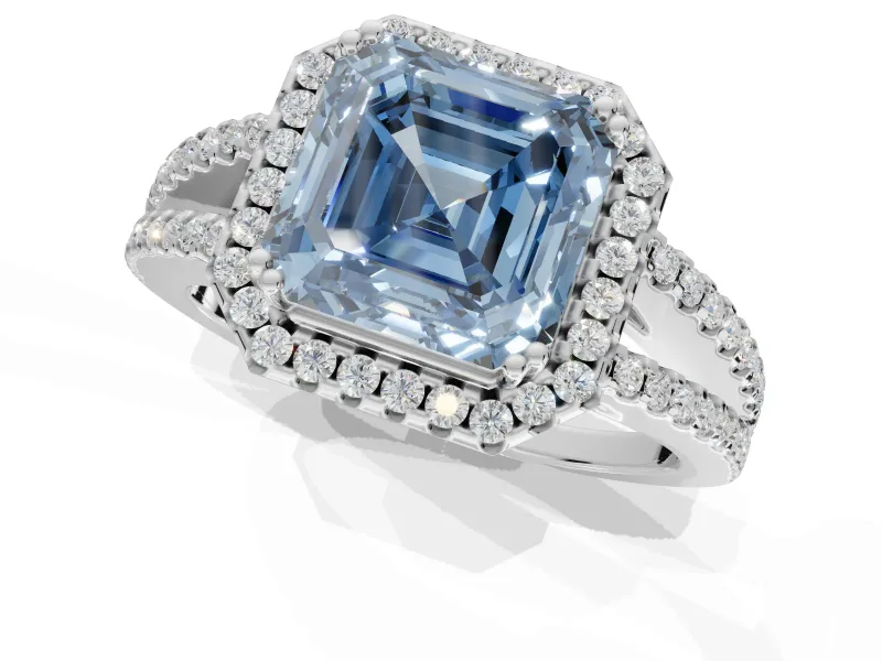 Asscher Cut Halo Split Shank Engagement Ring Setting for a Fancy Blue Lab-Grown Diamond | Pavé Shoulders | Platinum
