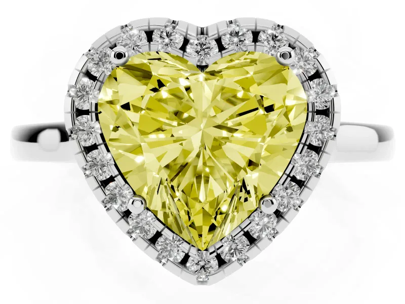 Fancy Yellow Heart Cut Halo Round Diamond Solitaire Ring Set in Silver with Pavé Band and Prong Setting