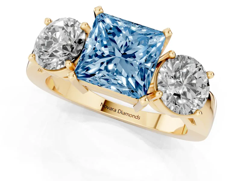 Princess Cut Three Stone Engagement Ring Setting for a Fancy Blue Lab-Grown Diamond | Wide Plain Band | Yellow Gold