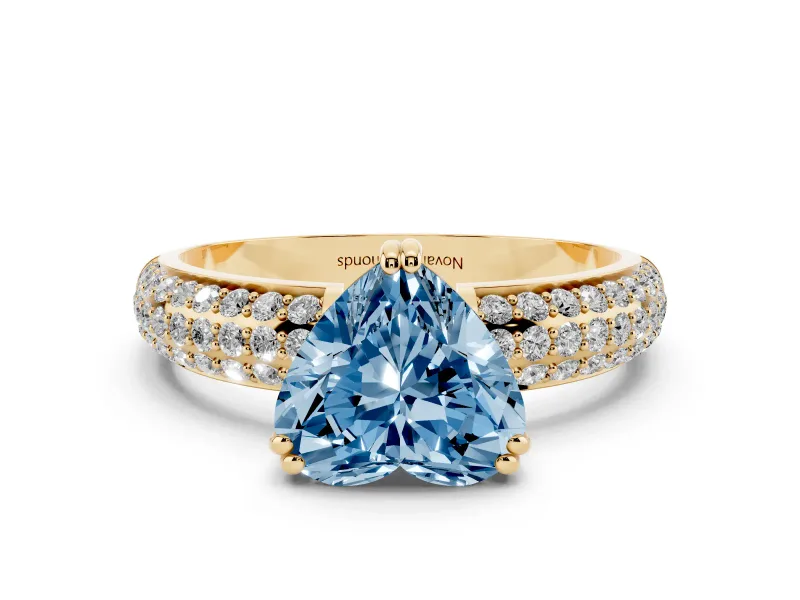 Fancy Blue Heart Cut Diamond Solitaire Ring Set in Yellow gold with Multi-Row Round Pavé Band and Prong Setting