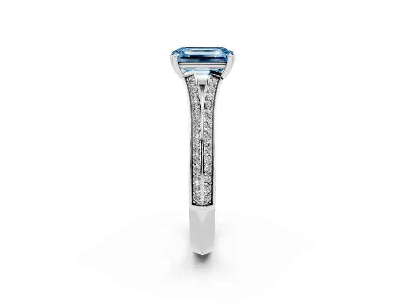 Emerald Cut Split Shank Engagement Ring Setting for a Fancy Blue Lab-Grown Diamond | Pave Band | Sterling Silver