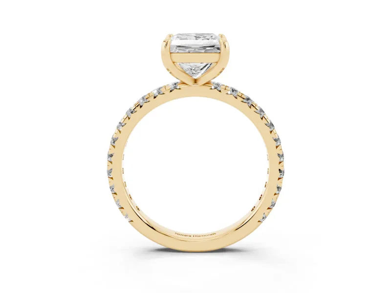 Princess Cut Diamond Pavé Solitaire Ring Set in Yellow gold with Round Band and Prong Setting