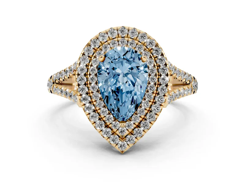 Fancy Blue Pear Cut Diamond Double Halo Ring Set in Yellow gold with Pavé Band