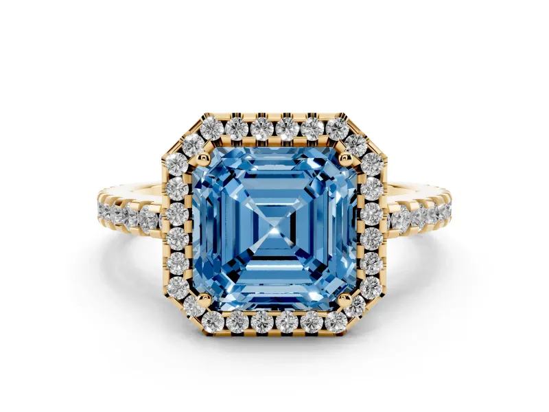 Fancy Blue Asscher Cut Diamond Halo Ring Set in Yellow gold with Pavé Shoulders and Halo-Framed Center