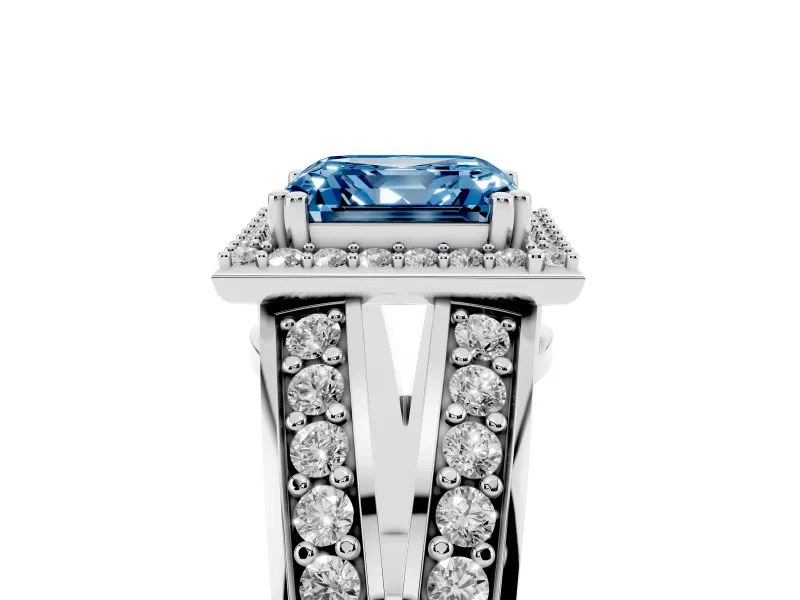 Asscher Cut Halo Engagement Ring Setting for a Fancy Blue Lab-Grown Diamond | Two-Row Pave Split Shank | Platinum