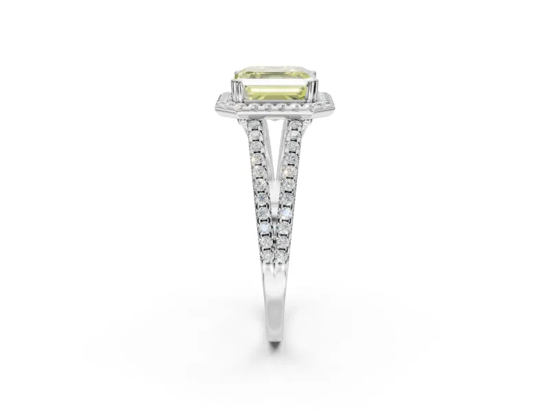 Asscher Cut Halo Split Shank Engagement Ring Setting for a Fancy Yellow Lab-Grown Diamond | Pavé Shoulders | White Gold