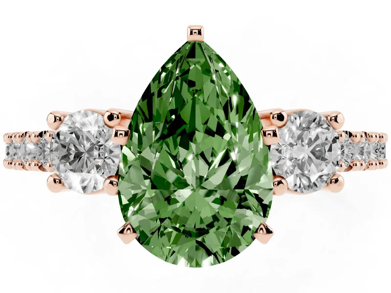 Pear-Shaped Three Stone Pavé Engagement Ring Setting for a Fancy Green Lab-Grown Diamond | Round Side Stones | Rose Gold