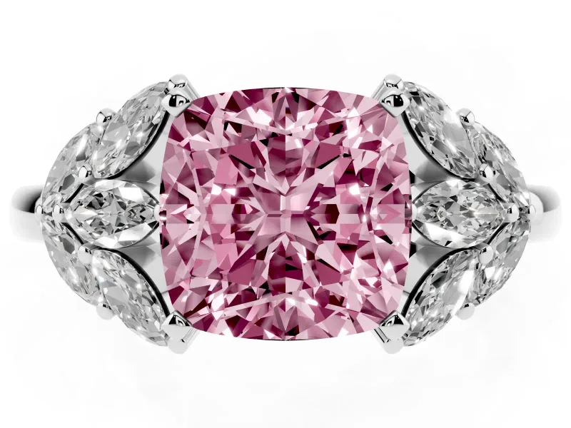 Fancy Pink Cushion Cut Diamond Cluster Leaf Design Ring Set in White gold with Prong Setting