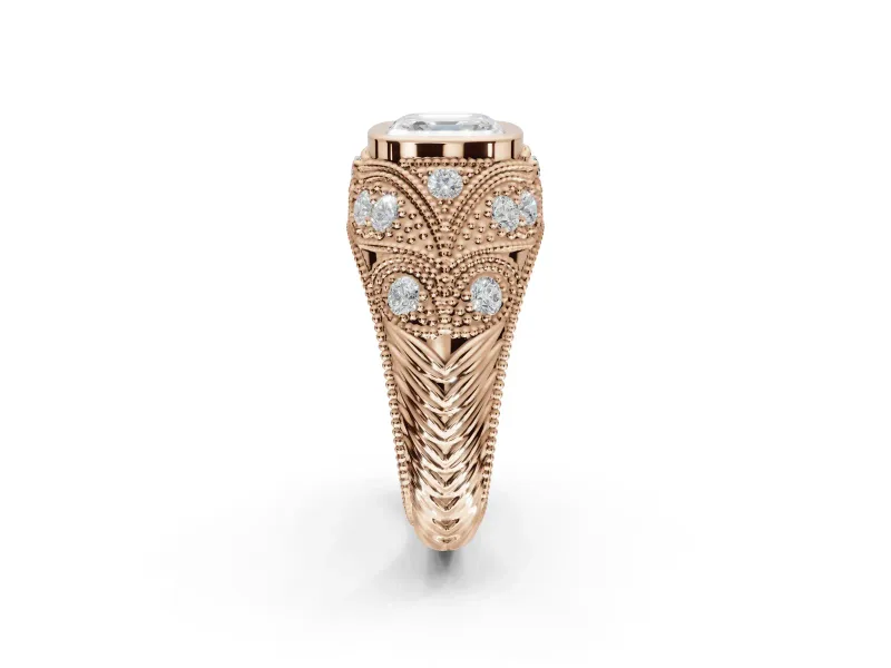 Asscher Cut Vintage Bezel Engagement Ring Setting | Beaded Paisley Shoulders | Rose Gold