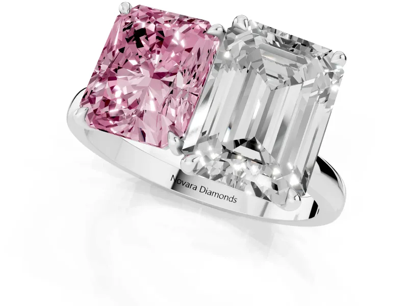 Fancy Pink Radiant Cut and Emerald Cut Toi Moi Ring Set in Silver with Prong Setting