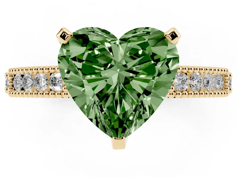 Heart-Shaped Vintage Pavé Engagement Ring Setting for a Fancy Green Lab-Grown Diamond | Yellow Gold