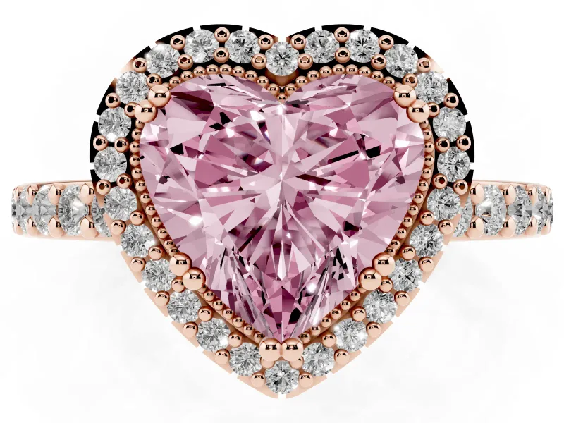 Fancy Pink Heart Cut Diamond Halo Engagement Ring Set in Rose gold with Milgrain Detail and Pavé Band