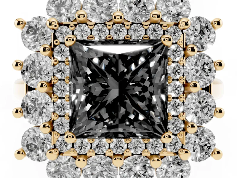 Princess Cut Floral Halo Engagement Ring Setting for a Black Center | Plain Band | Yellow Gold