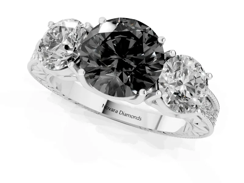 Round Vintage Three Stone Engagement Ring Setting for a Black Center | Milgrain Pavé Band | Platinum