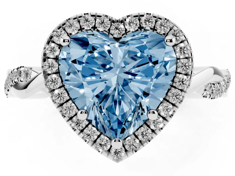Fancy Blue Heart Cut Diamond Halo Twisted Band Ring Set in Platinum with Prong Setting