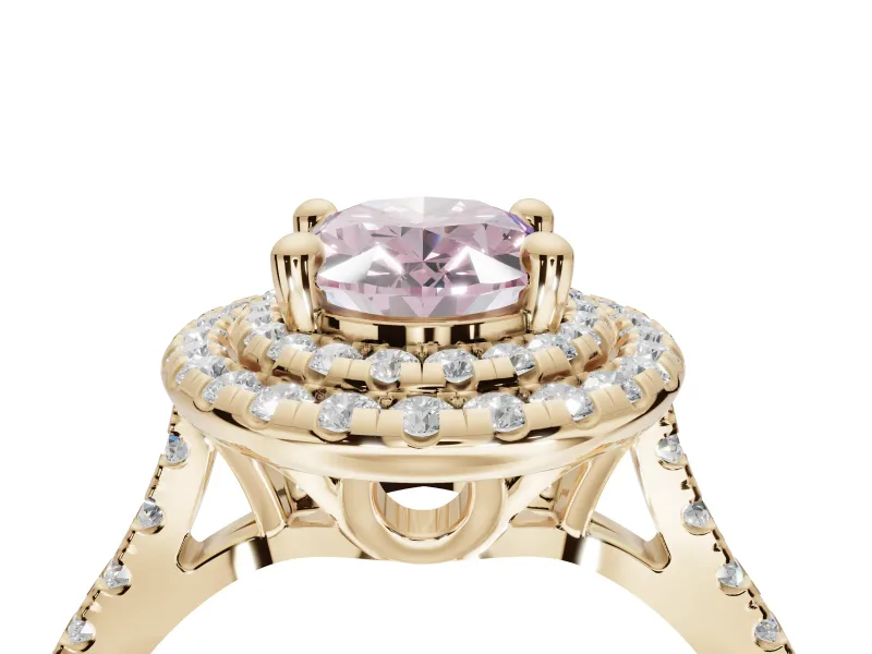 Oval Double Halo Engagement Ring Setting for a Fancy Pink Lab-Grown Diamond | Pave Shoulders | Yellow Gold
