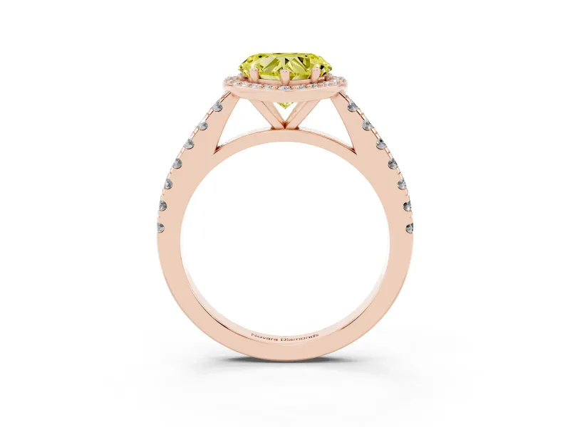 Fancy Yellow Heart Cut Diamond Halo Engagement Ring Set in Rose gold with Pavé Band and Prong Setting
