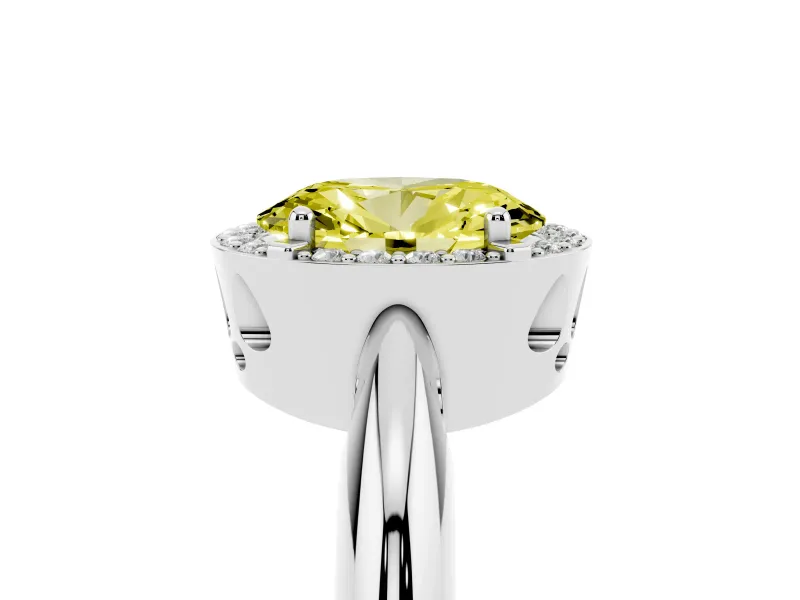 Fancy Yellow Oval Cut Diamond Halo Engagement Ring Set in White gold with Plain Split Shank and Prong Setting