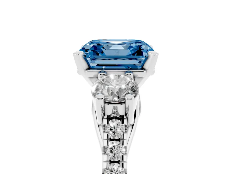 Fancy Blue Three-Stone Asscher Cut Diamond Pavé Band Ring Set in White gold with Prong-Set Trio