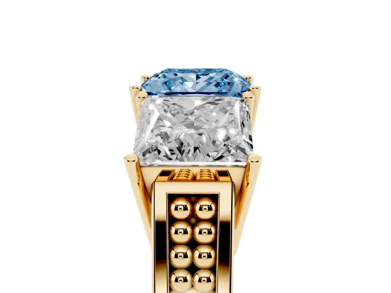 Princess Cut Three Stone Engagement Ring Setting for a Fancy Blue Lab-Grown Diamond | Beaded Shoulders | Yellow Gold