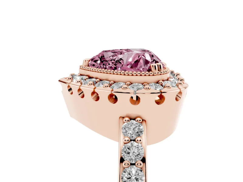 Heart-Shaped Milgrain Halo Engagement Ring Setting for a Fancy Pink Lab-Grown Diamond | Pavé Shoulders | Rose Gold