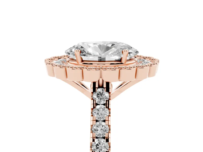 Oval Vintage Milgrain Floral Halo Engagement Ring Setting | Pavé Band | Rose Gold