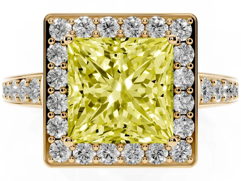 Fancy Yellow Princess Cut Diamond Halo Pavé Engagement Ring Set in Yellow gold with Bezel Setting