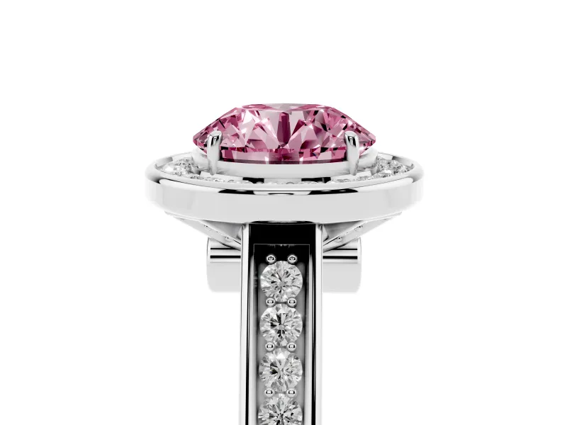 Fancy Pink Round Cut Diamond Halo Solitaire Ring Set in White gold with Pavé Band and Bezel Setting