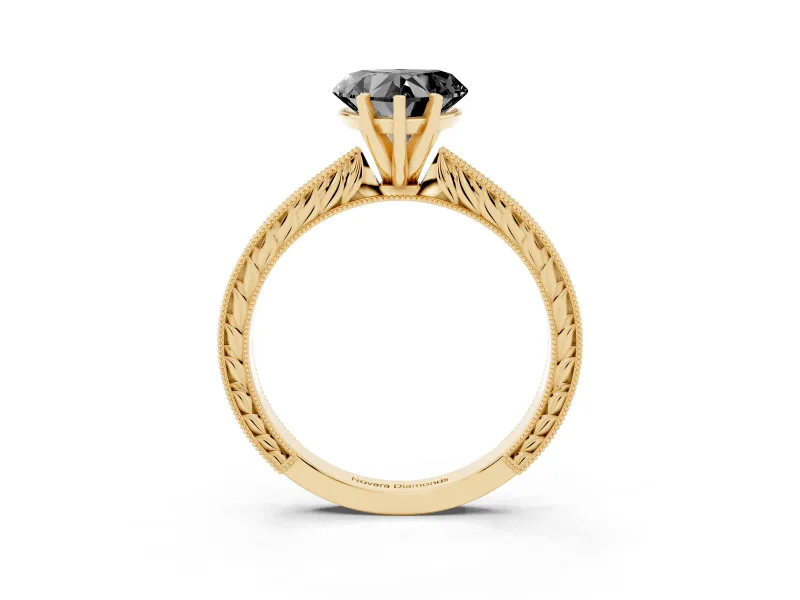 Heart-Shaped Engraved Solitaire Engagement Ring Setting for a Black Center | Yellow Gold