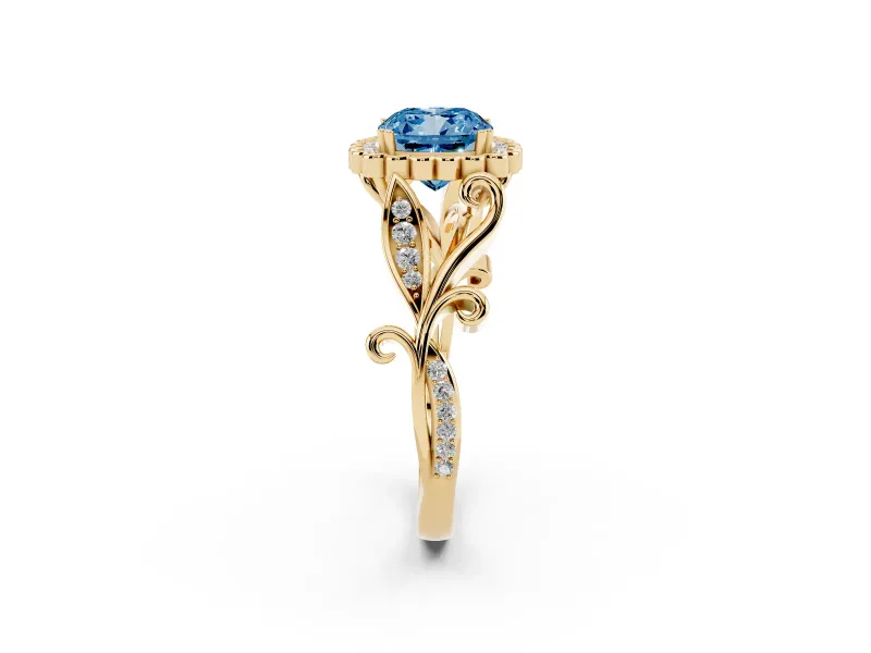 Cushion Cut Leaf Halo Engagement Ring Setting for a Fancy Blue Lab-Grown Diamond | Yellow Gold