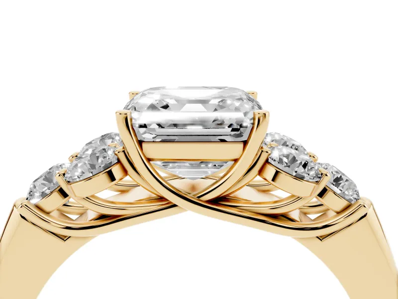 Asscher Cut Side Stone Engagement Ring Setting | Triangle Side Clusters | Yellow Gold