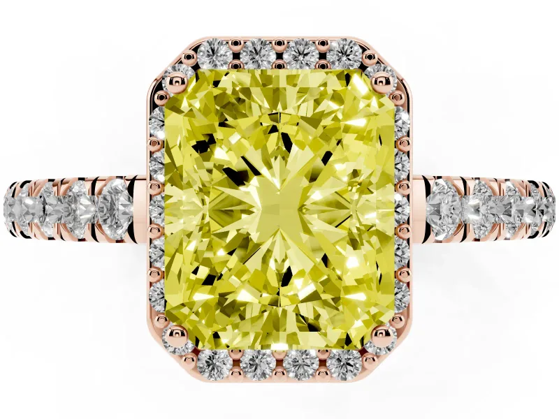 Fancy Yellow Radiant Cut Diamond Halo Engagement Ring Set in Rose gold with Pavé Band and Prong Setting