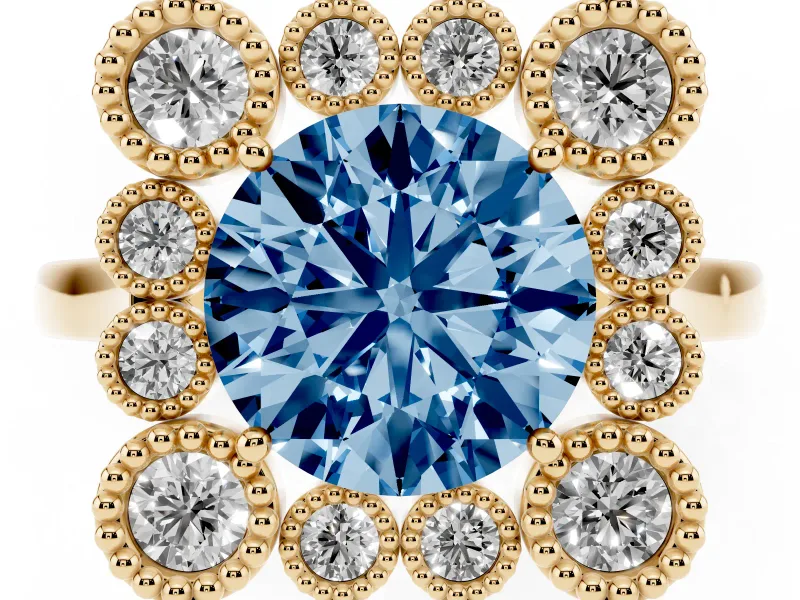 Round Milgrain Cluster Halo Engagement Ring Setting for a Fancy Blue Lab-Grown Diamond | Plain Band | Yellow Gold
