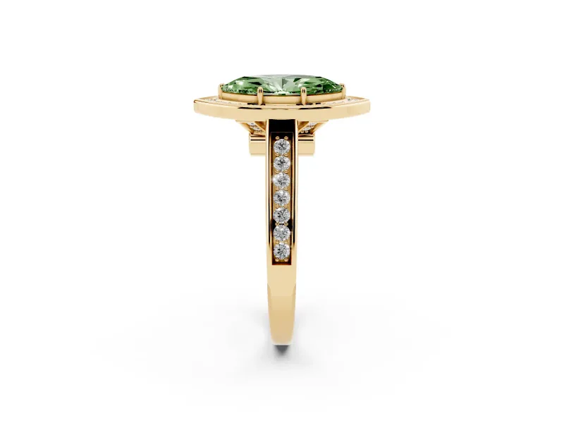 Fancy Green Marquise Cut Diamond Halo Solitaire Ring Set in Yellow gold with Pavé Band and Bezel Setting