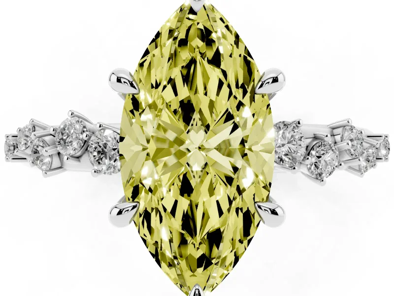 Fancy Yellow Marquise Cut Diamond Solitaire Vine Band Ring Set in White gold with Round Accents and Prong Setting