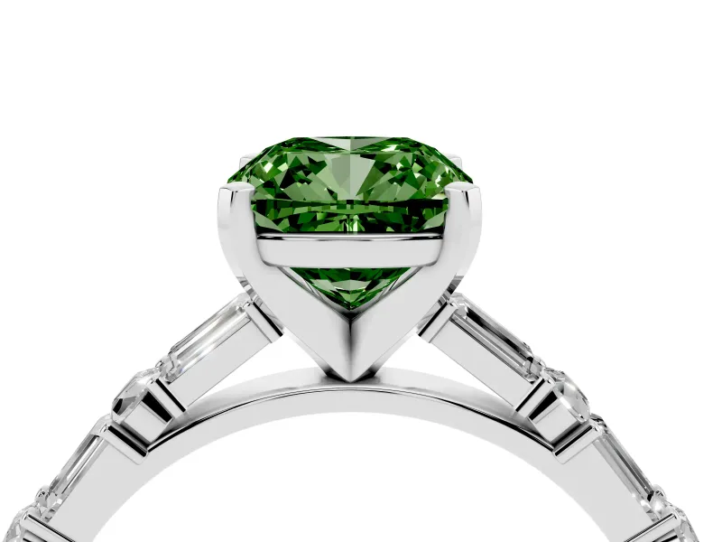 Fancy Green Cushion Cut Diamond Solitaire Set in Platinum with Side Baguettes and Channel Set Band