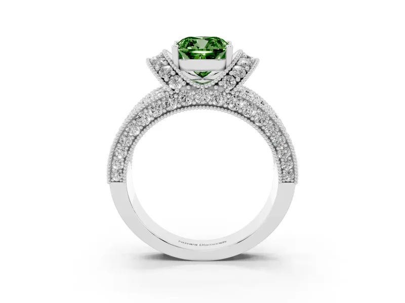 Fancy Green Cushion Cut Diamond Milgrain Halo Pavé Engagement Ring Set in White gold with Prong Setting