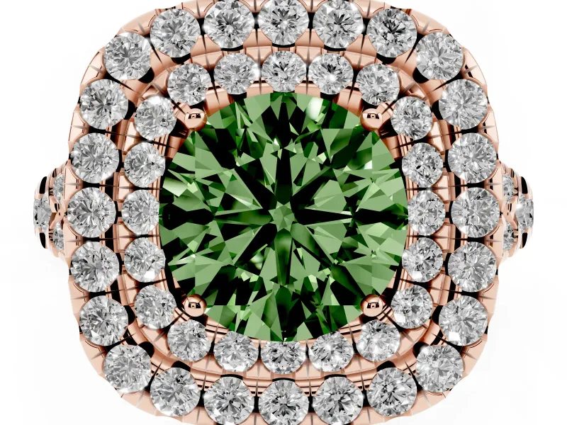 Round Halo Split Shank Engagement Ring Setting for a Fancy Green Lab-Grown Diamond | Pavé Strands | Rose Gold
