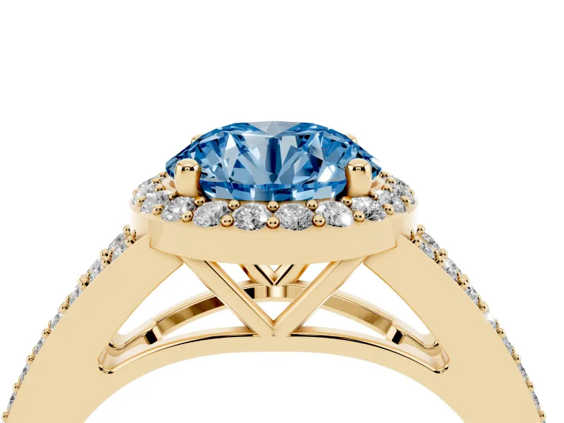 Round Halo Engagement Ring Setting for a Fancy Blue Lab-Grown Diamond | Pave Split Shank | Yellow Gold