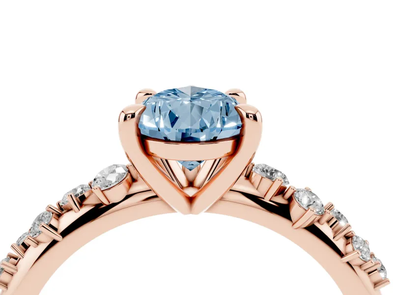 Fancy Blue Pear Cut Diamond Solitaire Vine Band Ring Set in Rose gold with Round Accents and Prong Setting