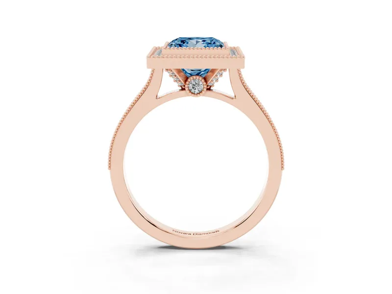 Princess Cut Vintage Milgrain Halo Engagement Ring Setting for a Fancy Blue Lab-Grown Diamond | Bezel Head | Rose Gold