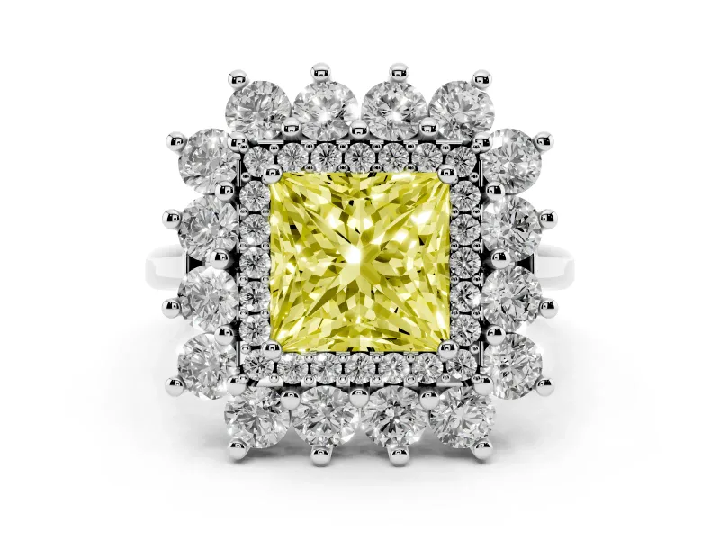 Fancy Yellow Princess Cut Diamond Floral Double Halo Ring Set in White gold with Round Petals
