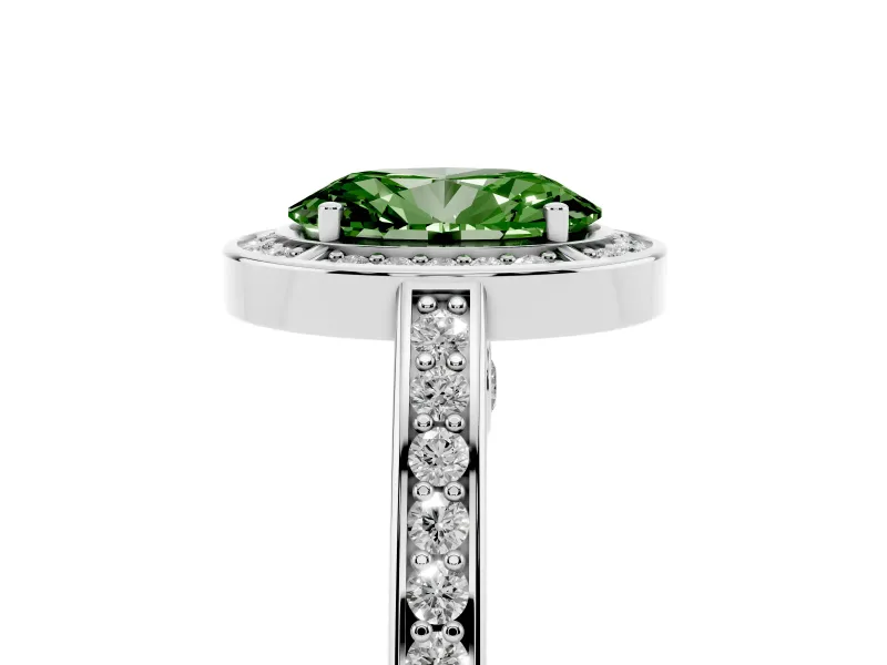 Fancy Green Oval Cut Diamond Halo Pavé Split Shank Ring Set in Silver with Prong Setting