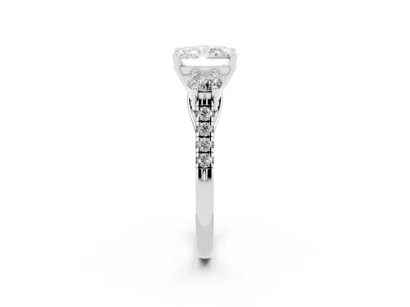 Three-Stone Radiant Cut Diamond Pavé Band Ring Set in Silver with Prong-Set Trio