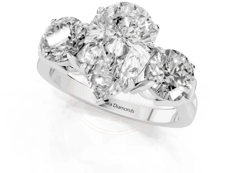 Pear Cut Diamond Three-Stone Ring Set in White gold with Round Accent Stones and Plain Band
