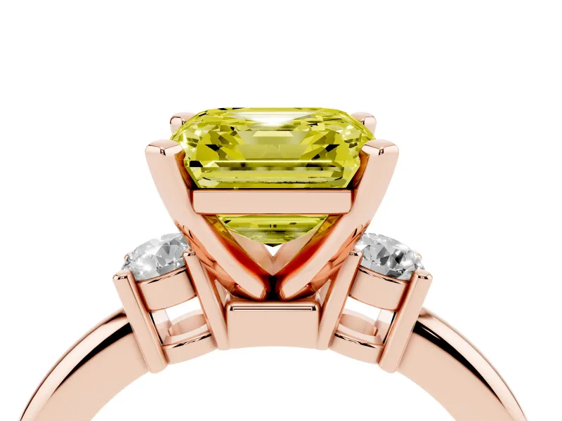 Asscher Cut Three Stone Engagement Ring Setting for a Fancy Yellow Lab-Grown Diamond | Round Side Stones | Rose Gold