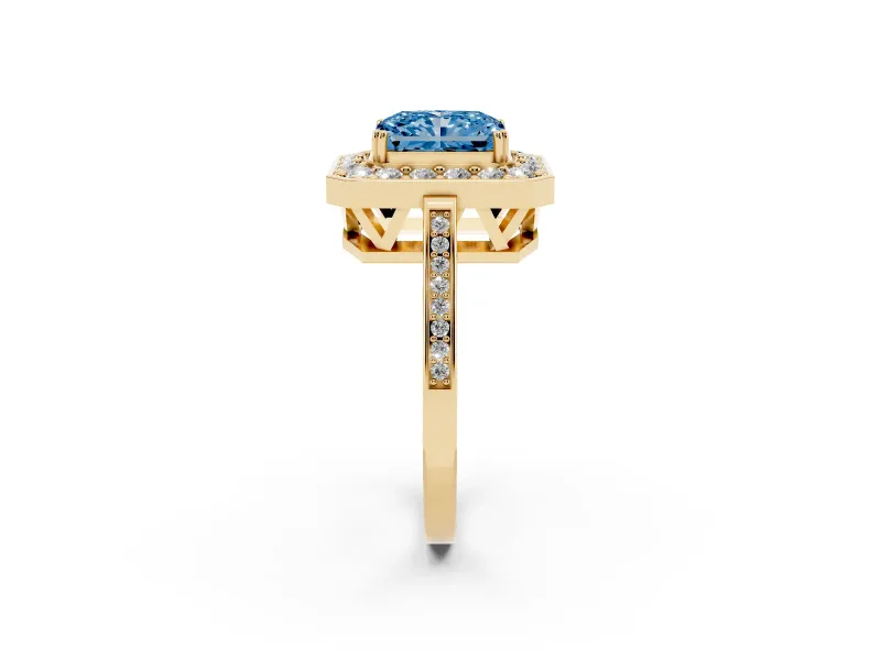 Radiant Cut Halo Engagement Ring Setting for a Fancy Blue Lab-Grown Diamond | Polished Halo Rim | Yellow Gold