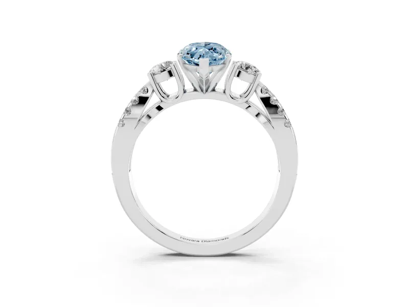 Fancy Blue Marquise Cut Diamond Three-Stone Ring Set in White gold with Pavé Split Shank and Prong Setting