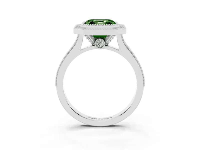 Asscher Cut Vintage Milgrain Halo Engagement Ring Setting for a Fancy Green Lab-Grown Diamond | Bezel Head | White Gold