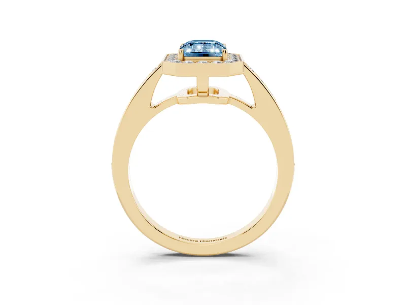 Emerald Cut Framed Halo Engagement Ring Setting for a Fancy Blue Lab-Grown Diamond | Yellow Gold